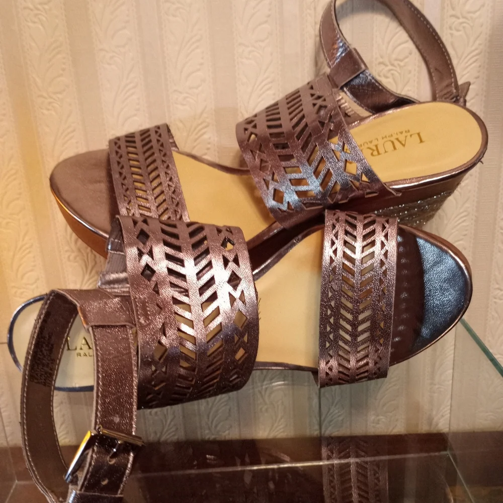 Lauren Ralph Lauren Georgina Espadrille Gold Wedge Leather Sandals Size 8.5 - Picture 3 of 12
